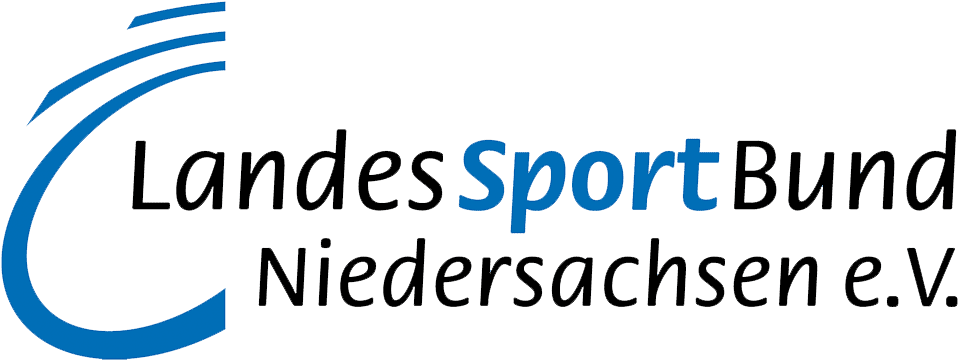 Logo des Landessportbundes Niedersachsen e.V. mit geschwungenem blauen Strich und Schriftzug in Blau und Schwarz.