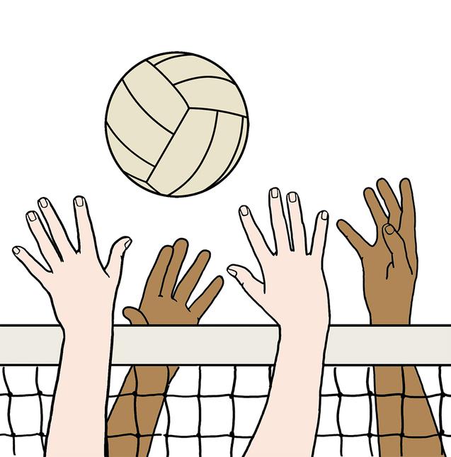 Hände verschiedener Hauttöne strecken sich nach einem Volleyball über das Netz in einem Spiel.