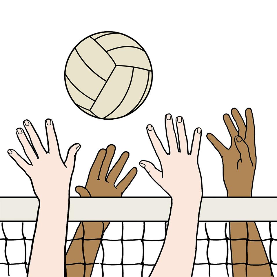 Hände verschiedener Hauttöne strecken sich nach einem Volleyball über das Netz in einem Spiel.