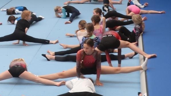 Gruppentraining: Mädchen dehnen und trainieren synchron auf einer blauen Gymnastikmatte in einer Sporthalle.
