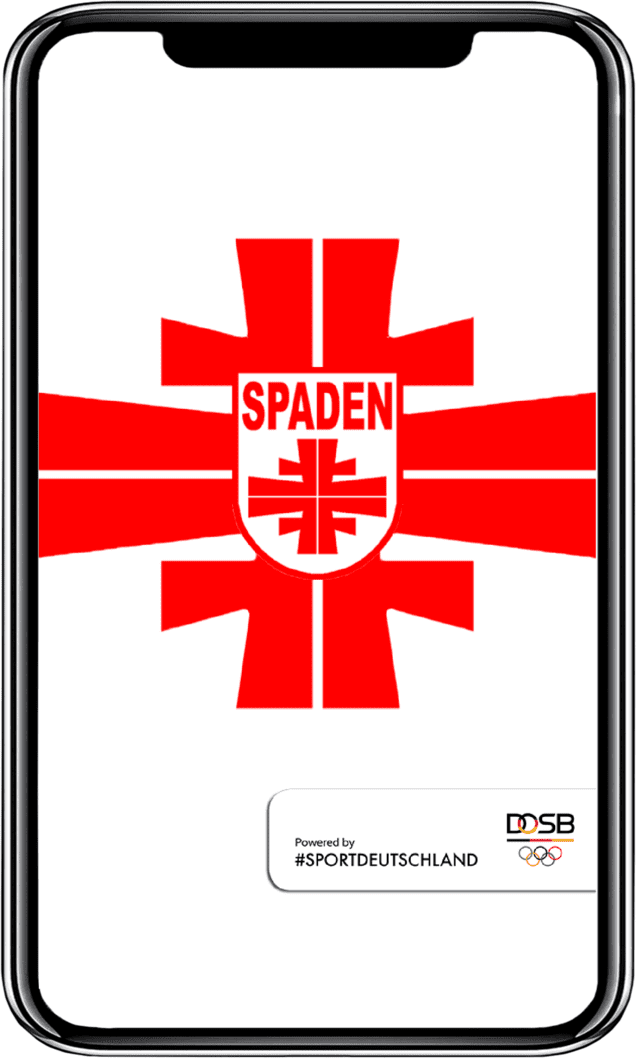 Logo mit rotem Kreuz und Schriftzug &bdquo;SPADEN&ldquo; auf einer Smartphone-Anzeige, unten mit &bdquo;Powered by #SPORTDEUTSCHLAND&ldquo;.