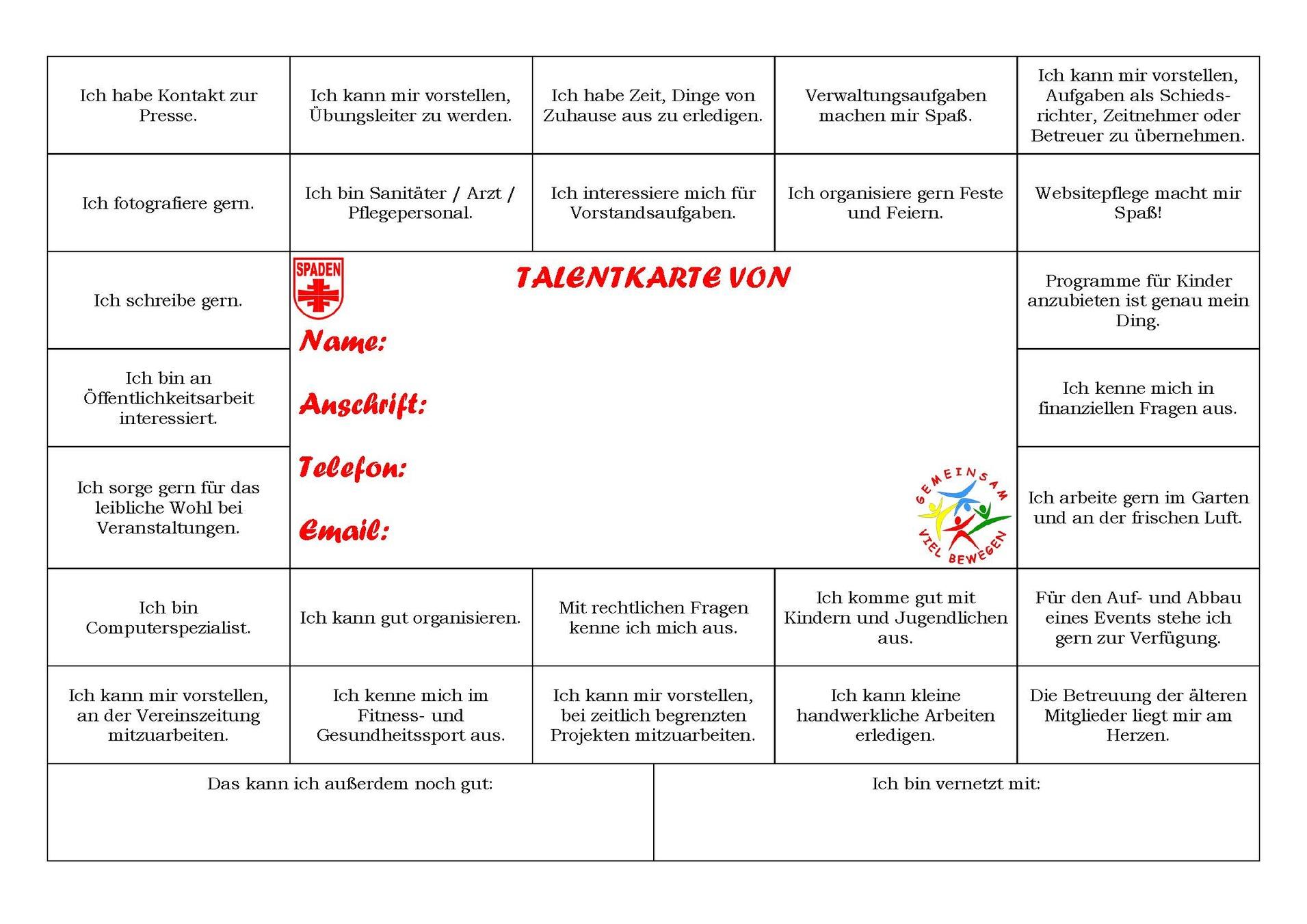 Talentkarte zur individuellen Interessen- und Fähigkeitenaufstellung mit Platz für persönliche Kontaktdaten.