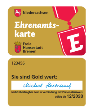 Ehrenamtskarte aus Niedersachsen mit goldener Farbgebung, inhaltlich personalisiert auf "Michel Hertrampf", gültig bis 12/2028.