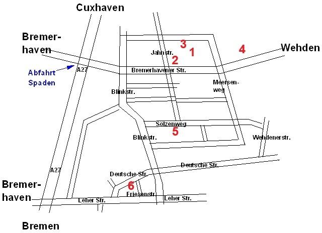 Stadtplan von Bremerhaven mit beschrifteten Stra&szlig;en und Abfahrt Spaden zur Autobahn A27.